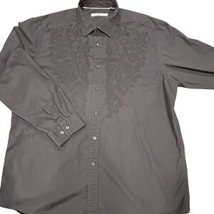 Kenneth Cole New York Men's XXL/T Embroidered Button Up Shirt Dark Gray Cotton
